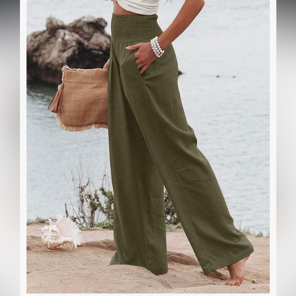 Women's Green Wide-Leg Pants Pull On Elastic Waistband Pockets Linen Polyester M - Picture 4 of 12